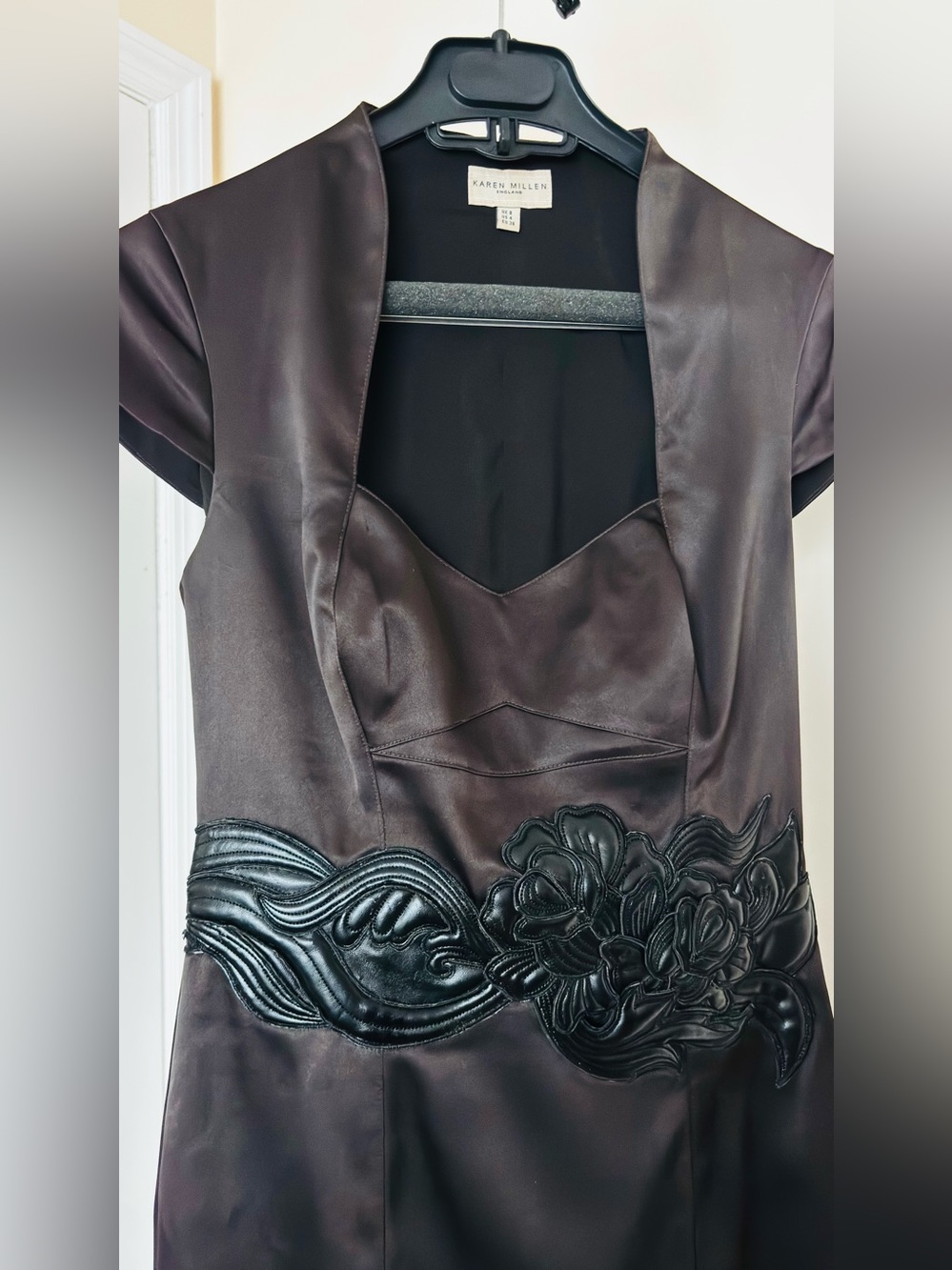 Karen Millen Black Satin Midi Dress with Sculpted Floral Waist
